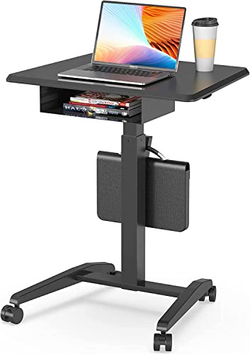 JOY worker Height Adjustable Rolling Laptop Desk with Shelf,Mobile Standing Desk,Pneumatic Mobile Laptop Table with Wheels for Couch Home Office School,Holds Up to 22lbs,Black JOY worker
