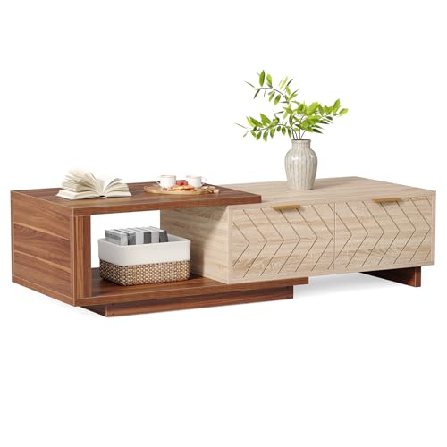 LITTLE TREE Expandable Wooden Coffee Table with 2 Drawers, Space-Saving Rectangular Farmhouse Center Table, Perfect for Living Room and Office, Brown and Beige LITTLE TREE
