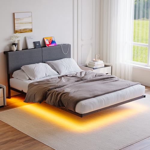 HOMERECOMMEND Floating Bed Frame Queen Size with Storage Headboard and Charging Station, Upholstered Platform Bed with LED Light, Heavy Duty Metal Slats, No Box Spring Needed,Black and Grey HOMERECOMMEND