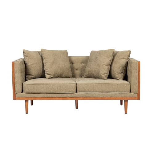 Christopher Knight Home Mid Century Modern Fabric Tufted Loveseat with Accent Pillows, 2-Seater Sofa with Removable Cushions, Comfy Sofa for Reading Book, Rubberwood Leg, Dark Beige and Dark Walnut Christopher Knight Home