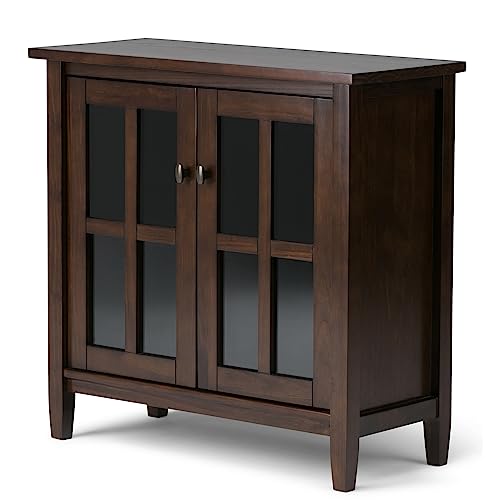 SIMPLIHOME Warm Shaker SOLID WOOD 32 inch Wide Rustic Low Storage Cabinet in Tobacco Brown, with 2 Adjustable Shelves, Tempered Glass Door - WoodArtSupply