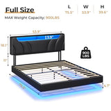 DICTAC Full Size Floating Bed Frame with led Lights & Storage Headboard Full Led Visual Floating Bed with Outlets Faux Leather Upholstered Platform Bed with Hidden Storage,No Box Spring Needed,Black DICTAC