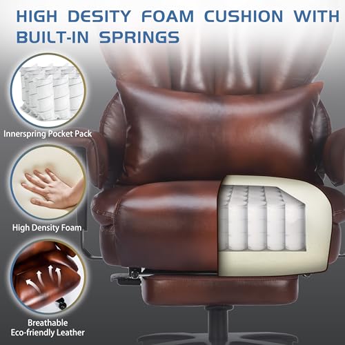 700lbs Big and Tall Office Chair with Footrest&Adjustable Lumbar Pillow,Large Heavy Duty Executive Office Chair-Wide Seat,Ergonomic High Back Computer Chairs for Heavy People,Dual Rubber Wheels,Brown BIGGARSIT