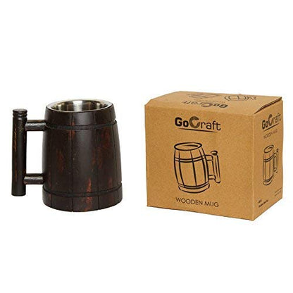 GoCraft Handmade Wooden Beer Mug with 18oz Stainless Steel Cup | Great Beer Gift Ideas Wooden Beer Tankard for Men | Vintage Bar accessories - Barrel Brown Retro Design - WoodArtSupply