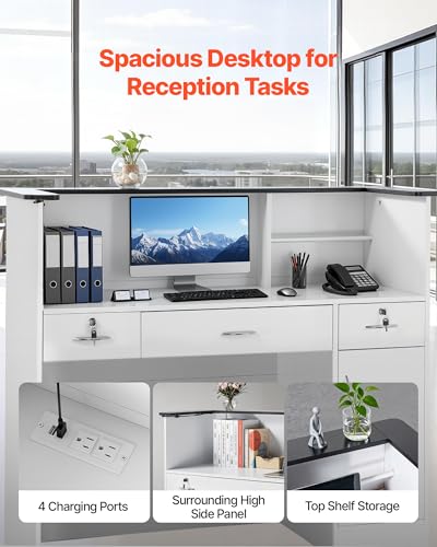 VEVOR Reception Desk, 50 inch Rectangular Front Counter Table, Modern Office Reception Desk with Light Strip, 3 Drawers & Storage Cabinets, Retail Counter Table for Checkout, Lobby, Salon, Office VEVOR