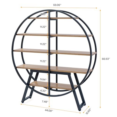 Tribesigns 67-Inch Industrial Round Etagere Bookshelf - 5-Tier Oak and Metal Display Stand Tribesigns