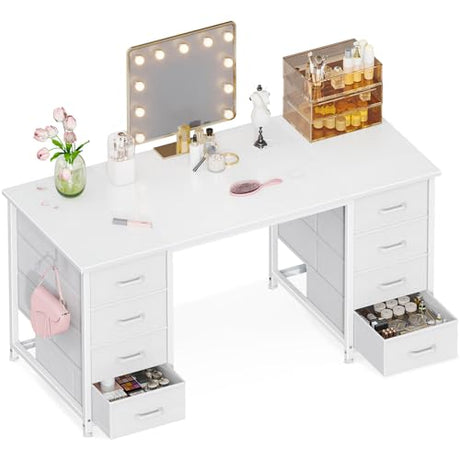 ODK 48 Inch Vanity Desk with 8 Fabric Drawers, Modern Makeup Desk for Bedroom & Dressing Room with Large Storage, Ideal for Home Office, Study, Pure White ODK