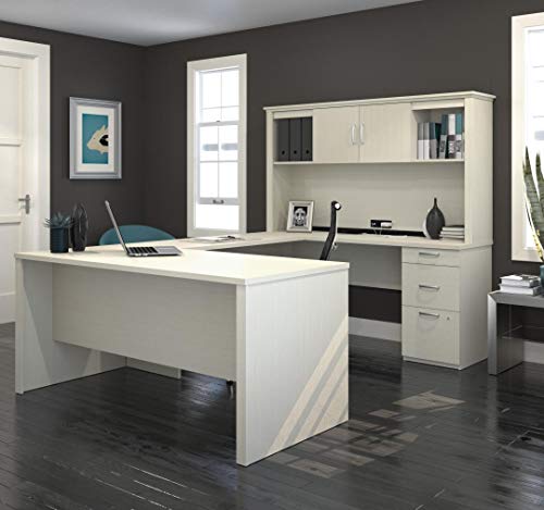 Bestar Logan 66W U or L-Shaped Executive Office Desk with Pedestal and Hutch in white chocolate Bestar