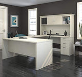 Bestar Logan 66W U or L-Shaped Executive Office Desk with Pedestal and Hutch in white chocolate Bestar