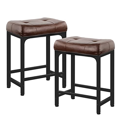 Aheaplus Bar Stools Set of 2, 24 Inch Counter-Height Stools Saddle Stool, PU Leather Barstools with Metal Base, Footrest, Industrial Stools for Dining Room Kitchen Island, Counter, Pub, Bar, Brown