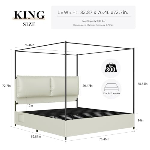 PAUKIN Canopy Bed Frame King Size with Upholstered Headboard, Sturdy and Stable, Easy to Assemble, Metal Bar Support, no Spring Mattress Required. (White, King)