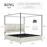PAUKIN Canopy Bed Frame King Size with Upholstered Headboard, Sturdy and Stable, Easy to Assemble, Metal Bar Support, no Spring Mattress Required. (White, King)