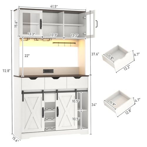 72" Farmhouse Bar Cabinet w/ 60000-color LED Lights,Outlet,Sliding Barn Door,Large Coffee Bar w/Hutch,Wine & Glasses Rack,4 Drawers,12 Shelves,Kitchen Buffet Sideboard for Kitchen,Dining Room chartustriable
