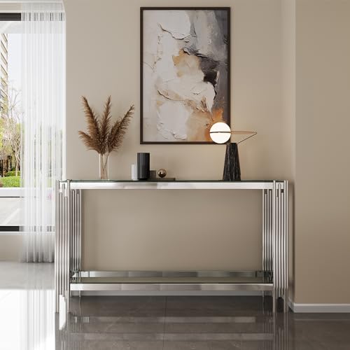 Goujxcy Modern Glass Console Table 55" Silver Entryway Table with Tempered Glass Top and Mirror Stainless Steel Legs,Luxury Rectangular Sofa Table for Living Room Hallway Corridor Table (Silver) Goujxcy