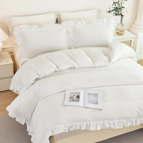 ZSYAYAHA Twin Size Kids Duvet Covet Set White Ruffle Comforter Cover for Girls Teens 3 Pieces Fluffy Farmhouse Bedding Cover Set with Ruffled Layer for All Seasons(White, Twin) ZSYAYAHA
