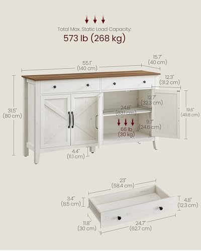 VASAGLE LIRY Collection - Buffet Cabinet, Coffee Bar Cabinet with 2 Drawers, Adjustable Shelves, Sideboard Storage with Cable Holes, Drawer Dividers, Rustic White and Honey Brown UBBK381W01 VASAGLE