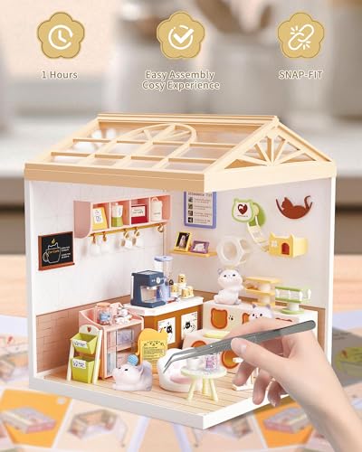 Kisoy DIY Miniature House Kit, Tiny House Building Kit with Furniture and LED Light for Teens and Beginners, DIY Mini House Craft Kit, Christmas Decorations/Gifts for Family and Friends (Cat Cafe)