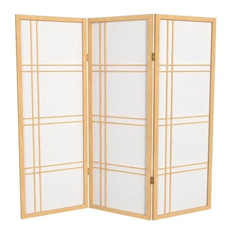 4 ft. Short Double Cross Shoji Screen - Natural - 3 Panels Red Lantern