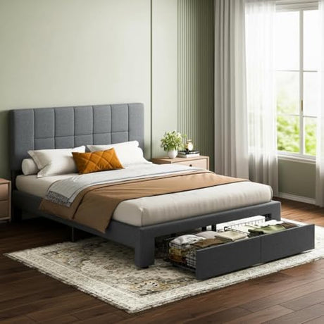 Marsail Full Bed Frame with 2 Storage Drawers - Upholstered, Adjustable Headboard,6"-12" Mattress Fit, 1300 lbs Capacity, 12-Leg Sturdy Wood Construction, Dark Gray Marsail