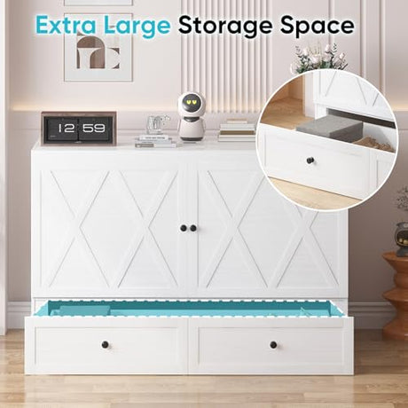 CECER Queen Size Murphy Bed with Tri-Folding Mattress，Murphy Bed with Charging Station and Two Large Storage Drawers for Small Spaces/Bedroom（White）-Mattress Include CECER