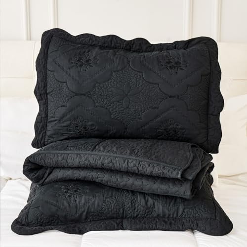 Cmfshape Floral Embroidery Quilt Set,3 Pieces Queen Quilt Bedding Set,Classic Diamond Pattern Quilts,Ultra Soft Lightweight Reversible Bedspread Coverlets for All Season(Black,90"x90") Cmfshape