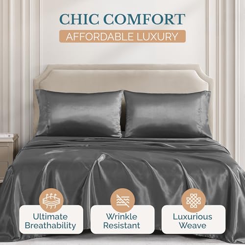 Casa Platino Satin Twin Sheets - Silky Soft Twin Sheet Set with 15 Inch Deep Pocket Fitted Sheet, Luxurious Feel, Silky Smooth,Makes for a Great Nights Sleep, Stylish Finish - Dark Gray Casa Platino