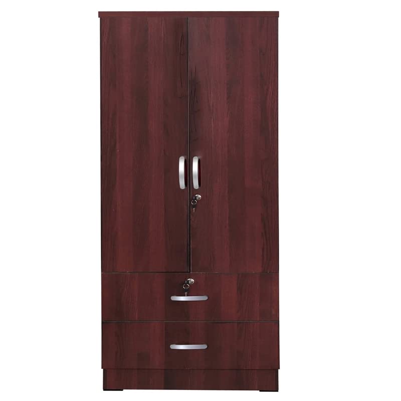 Pemberly Row 72" H Contemporary Engineered Wood Wardrobe Armoire with 2 Lockable Smooth Doors & 2 Full Size Drawers, Assembly Required, in Mahogany Finish Pemberly Row