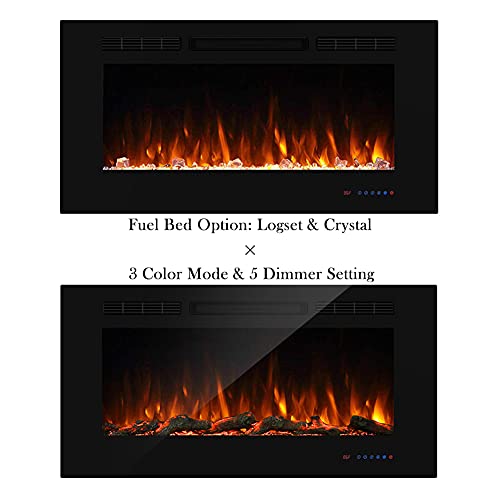 Masarflame 42" Recessed Electric Fireplace Insert, 5 Flame Settings, Log Set or Crystal Options, Temperature Control by Touch Panel & Remote, 750/ 1500W Heater, Black Masarflame