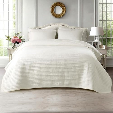 KASENTEX Oversized Queen Quilt Set 102"x106" – Soft Washed 3-Layer Lightweight Bedspread, Minimalist Nordic Design, All-Season Spring & Summer Quilt Set (1 Quilt + 2 Pillow Shams),Cream White KASENTEX