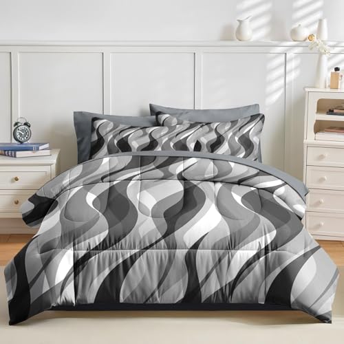 Nesker Comforter Set Queen Size, Minimalist 7 Pcs Bedding for Kids and Adults, Black White Gray Wave Bed Sheet Sets with Fitted Sheet 2 Pillowcases & 2 Shams Nesker