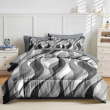 Nesker Comforter Set Queen Size, Minimalist 7 Pcs Bedding for Kids and Adults, Black White Gray Wave Bed Sheet Sets with Fitted Sheet 2 Pillowcases & 2 Shams Nesker