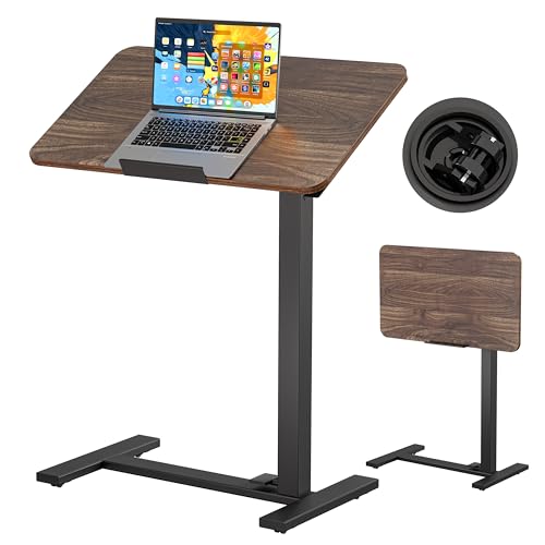 BIZUM Mobile Standing Desk Laptop Desk Pneumatic with Wheels 180° Tilt Top Hospital Bed Table Portable Rolling Cart Foldable Bedside Table for Hospital&Home Use, Walnut BIZUM
