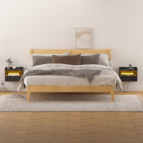 Veegle White Floating Nightstand with Charging Station and LED Lights (Black) Veegle