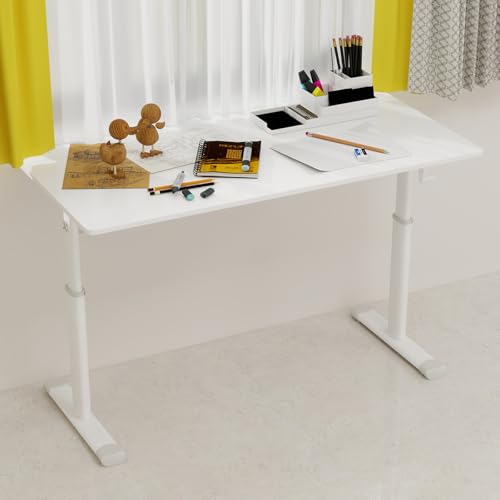 Penau Adjustable Height Standing Desk, Manual Crank Sit to Stand Computer Desk, Minimalist White Engineered Wood Top, T-Shape Iron Frame for Home Office, 47.24 x 23.62 x 35.43 Inchs. Penau