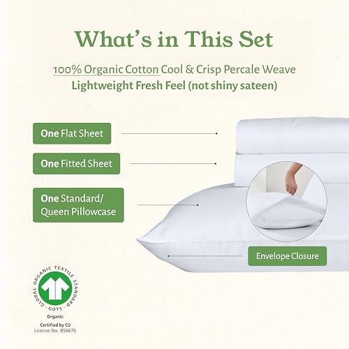 California Design Den Twin Sheets Set - Soft 100% Organic Cotton Sheets with Deep Pockets, Crisp Percale, Breathable and Durable Bedding Set - White California Design Den
