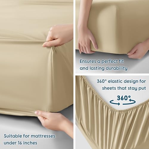 SONORO KATE 100% Egyptian Cotton Sheets - 800 Thread Count, 5-Star Hotel Sateen Weave Bed Sheets, Cooling, Soft & Breathable Bed Sheets Set, Fits 16" Deep Pocket - 4 PC (Beige,King) SONORO KATE