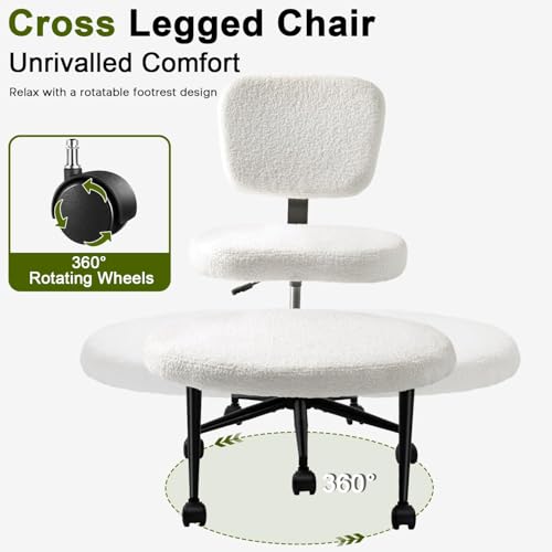 Waleaf Ergonomic Cross Legged Office Chair, ADHD Chair for Adults, Height Adjustable Meditation Chair with Wheels, Teddy Fabric Yoga Kneeling Chairs with Comfortable Back Support (White) Waleaf