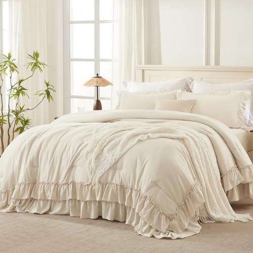 Andency Beige Twin Size Comforter Set, 2 Pieces Boho Lightweight Fluffy Ruffle Bedding Set & Collections, All Season Soft Microfiber Farmhouse Shabby Chic Bed Set for Kids (66x90In Comforter) Andency