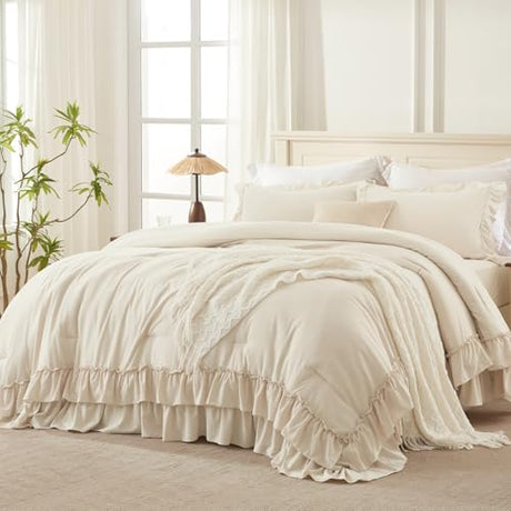 Andency Beige Twin Size Comforter Set, 2 Pieces Boho Lightweight Fluffy Ruffle Bedding Set & Collections, All Season Soft Microfiber Farmhouse Shabby Chic Bed Set for Kids (66x90In Comforter) Andency