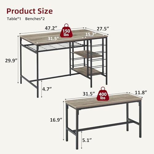 Garvee Dining Table Set for 4, Kitchen Table Set for 4 with 2 Benches, 3 Piece Dining Room Table Set for Small Space Apartment, Grey Garvee