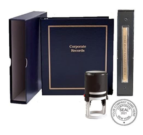 Corporate Kit (Black) - Binder, Slipcase, Minutes & Bylaws, Stock Certificates, Index Tabs & Black R-542 Self-Inking Corprate Seal Stamp Hubco