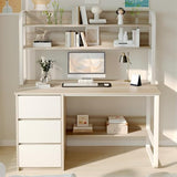 MaverickFurni 60 Inch Desk with Drawers, Computer Desk with Hutch for Bedroom, Study Writing Desk with Shelves for Small Spaces, Adjustable Feet (White and Walnut) MaverickFurni