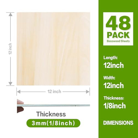 Basswood Sheets 12"x12"x1/8",3mm Basswood for Laser Cutting,Thin Plywood Board Unfinished Wood for Crafts, DIY Architectural Models Making, Wood Engraving (12inchx12inch-1/8-48Packs) Qdpgyuan