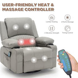 linting Faux Leather Recliner Chair with Heat and Massage Cup Holder, Overstuffed Swivel Rocker Recliner Chair Rocking Glider Chair, Light Grey
