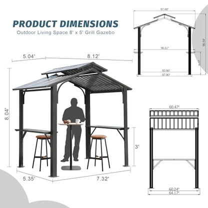 Domi 8x5FT Hardtop Grill Gazebo, Grill Canopy for Outdoor Grill w/Double Galvanized Steel Roof, 2 Side Shelves and Ceiling Hooks, Grill Tent BBQ Gazebo for Patio Garden Backyard, Grey