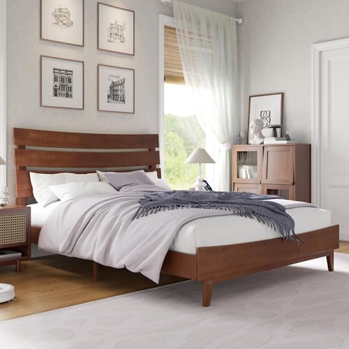 VanAcc Queen Size Solid Wood Bed Frame, Mid Century Platform Beds with Slatted Headboard, Wood Slat Support/No Box Spring Needed/Noise Free/Walnut VanAcc