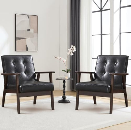 Bonzy Home Mid Century Modern Accent Chairs Set of 2 for Living Room, Upholstered Faux Leather Armchair Comfy Retro Bedroom Side Chair with Solid Wood Frame, Black Bonzy Home