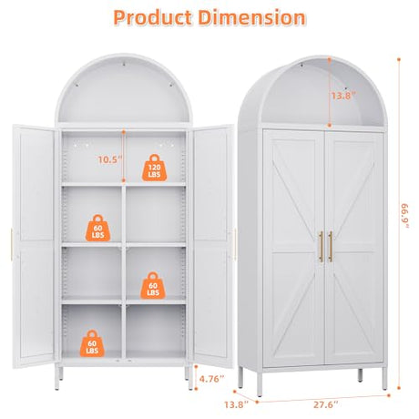 JAORD Metal Arched Kitchen Pantry Cabinet with 4 Adjustable Shelves, Farmhouse Arched Cabinet with 2 Doors for Kitchen,Bedroom,Living Room,White, Assemble Required,13.8" D x 27.6" W x 66.9" H JAORD