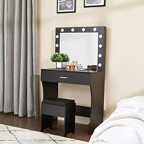 Titoni Vanity Desk, Makeup Vanity Desk Storage with Mirror, Lights for Bedroom (Black) Titoni