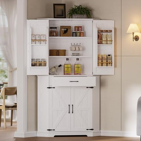 IRONCK 72" Corner Cabinet, Kitchen Pantry Storage Cabinet with Drawer, Spacious Farmhouse Pantry with 3 Adjustable Shelves, 2 Doors Storage, for Kitchen, White IRONCK